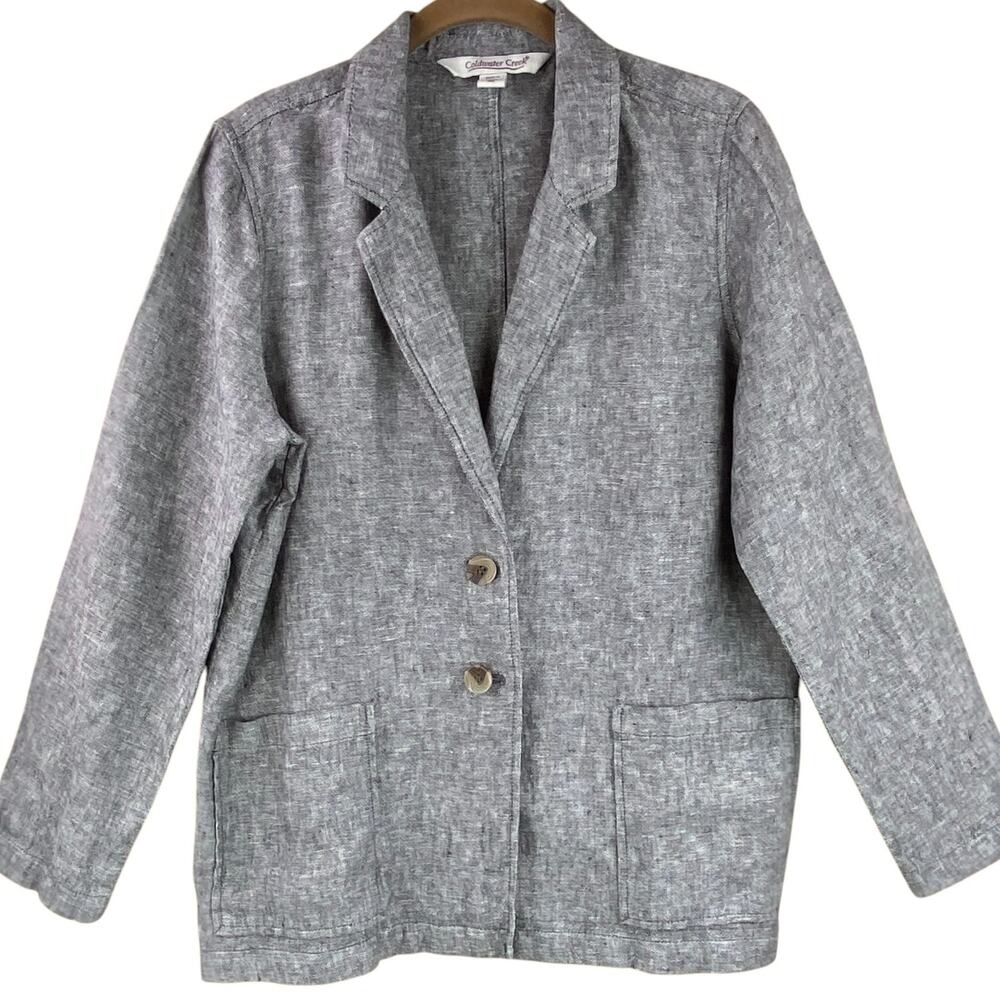 Coldwater Creek 100% Linen Soft Blazer Jacket Size M Petite Gray Casual Work